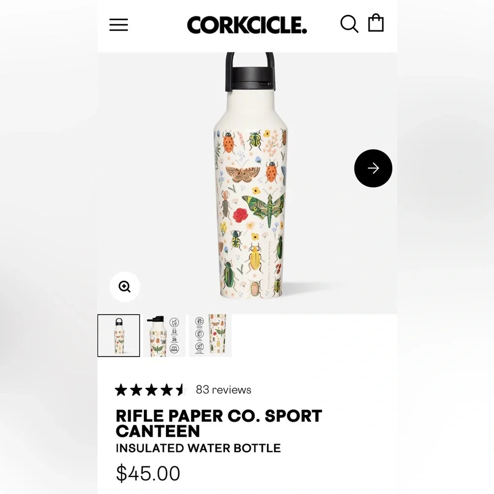 Corkcicle Rifle Paper Co. Sport Canteen - White with Colorful Nature Design - Picture 2 of 5